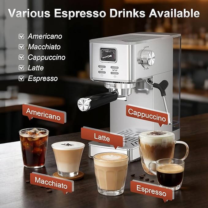 Electactic Espresso Machine 20 Bar, Stainless Steel Coffee Machine with Steam Milk Frother & 47oz Removable Water Tank, Hot Water Function for Home Cappuccino, Latte