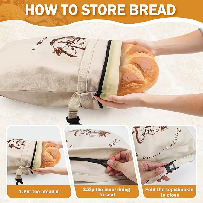 Reusable Bread Bags for Homemade Bread, 2 Pack Beeswax Bread Bags for Sourdough, Cotton Linen Food Storage Bag to Keep Fresh - Extra Large with Zipper（Only One Bag Had Zipper) -17 x 13inch
