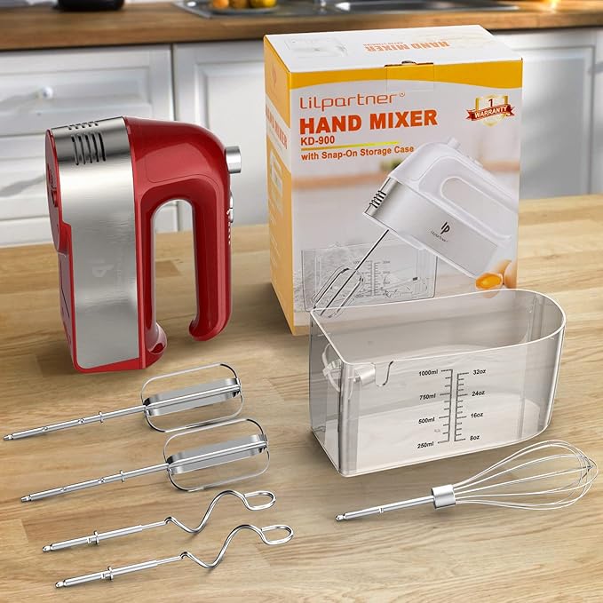 Hand Mixer Electric, 450W Kitchen Mixers with Scale Cup Storage Case, Turbo Boost/Self-Control Speed + 5 Speed + Eject Button + 5 Stainless Steel Accessories, For Easy Whipping Dough, Cream, Red
