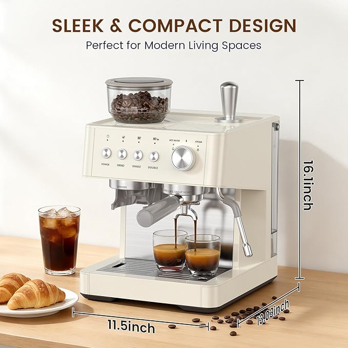 Kismile 20-Bar Espresso Machine with Grinder, Expresso Coffee Machines Coffee Maker with Grinder, Milk Frother/Steam Wand & Tamping Tools for Cappuccino & Latte