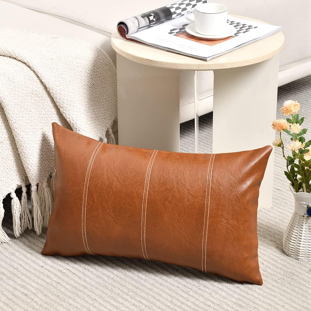Fancy Homi Brown Boho Long Lumbar Faux Leather Decorative Throw Pillow Covers 14x20 Inch for Living Room Couch Bed Sofa, Hand Stitched Rectangle Cushion Case, Rustic Modern Farmhouse Home Decor