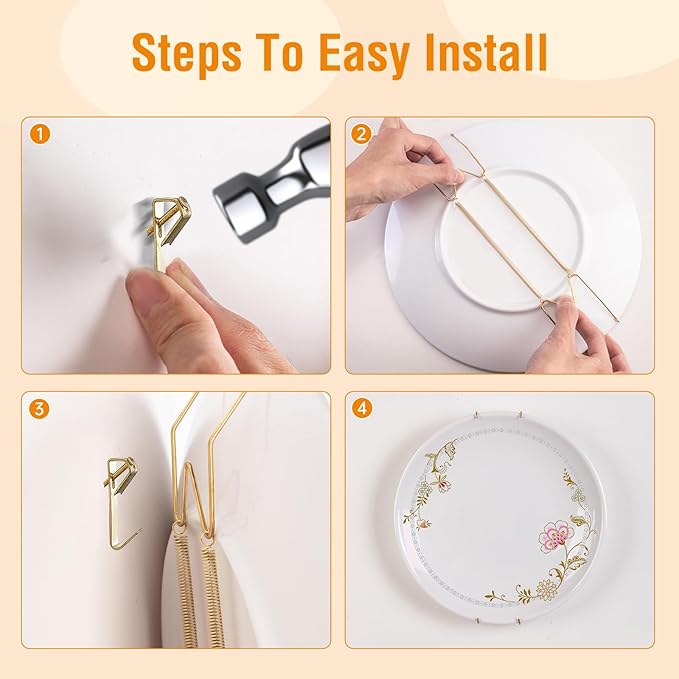 Bilillo 12 Pieces Invisible Heavy Duty Plate Holders, Stainless Steel Plate Hangers for The Wall, Plate Hangers for Display with Wall Hooks, Suitable for 6-8 inch Decorative Plates and Arts (Gold)