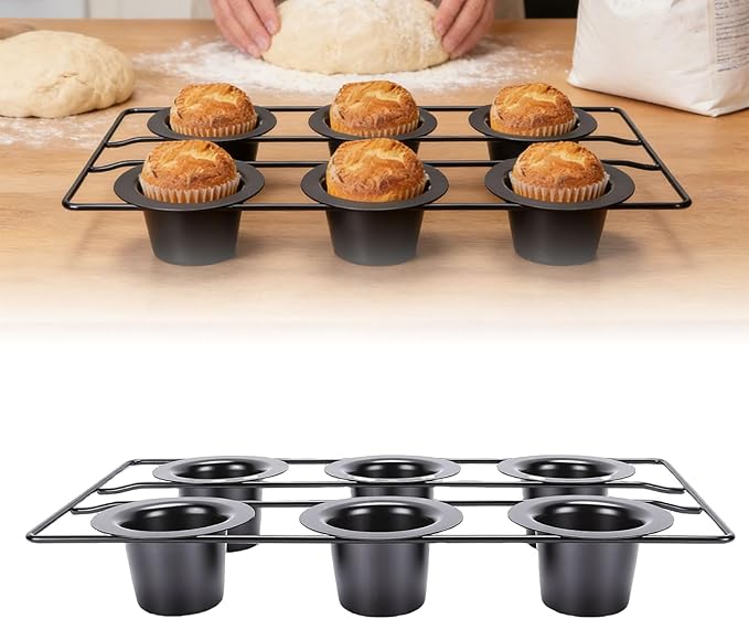 6 Cup Popover Pan, Premium Carbon Steel Easy To Clean Non Stick Cupcake Pan Round 8.9X15.9X2.2Inch Popover Cake with Wire Rack for Pudding, Muffins, Popovers