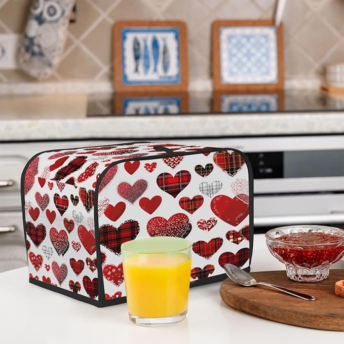 4 Slice Toaster Cover,Valentine's Day Buffalo Heart Small Kitchen Appliance Bread Machine Cover with Pockets,Dust & Fingerprint Protection
