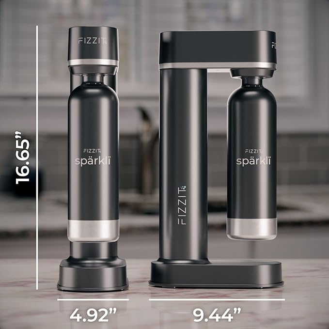 Fizzit Spärklï Stainless Steel Sparkling Water Maker with 2 CO2 Cylinders & 1L Reusable Bottle – Soda Streaming Machine Carbonated Water Maker for Home – No Electricity Needed, Dishwasher Safe
