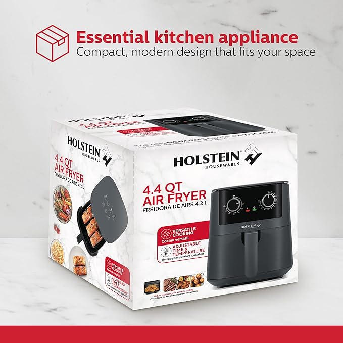 Holstein Housewares 4.4QT Air Fryer. Your All-in-One Culinary Solution. Air fry, roast, bake or grill. Adjustable temperature and time, Hot air technology and Dishwasher Safe, 1400W, Grey