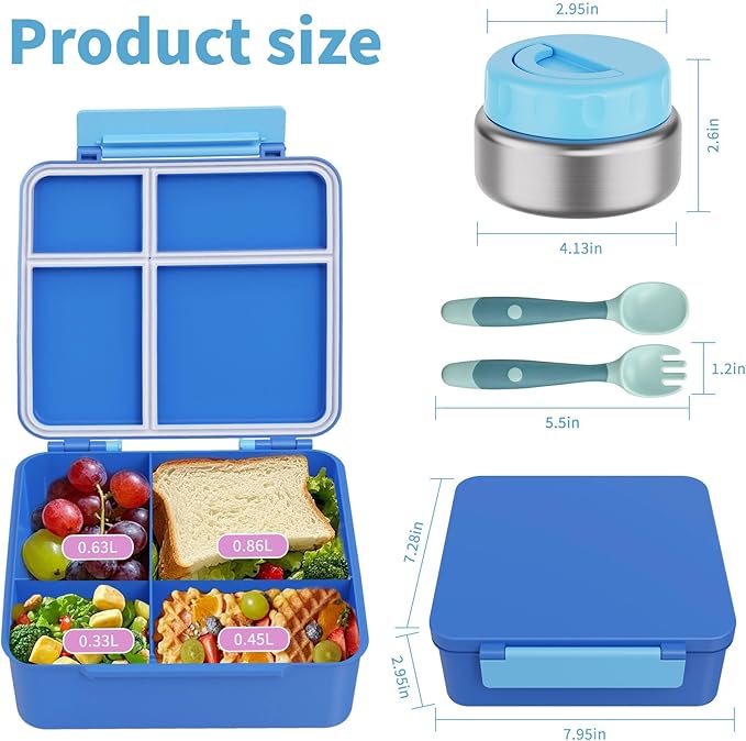 Bento Box for Kids with Thermo Food Container (9oz), 4-Compartment Lunch Box, Adjustable Divider, Leakproof Bento Lunch Box, Includes Utensils & Carry Bag for School, Office(Blue)