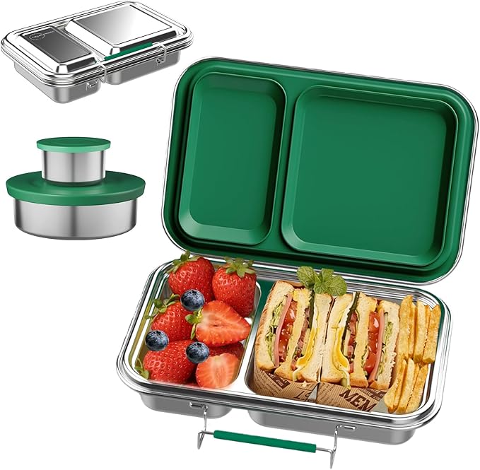 Stainless Steel Bento Box for Adults, 22.6 oz Compact 2-Compartment Metal Lunch Box with 2 Containers, BPA-Free Portion Control Food Container for Work and Travel, Dishwasher Safe(Green)