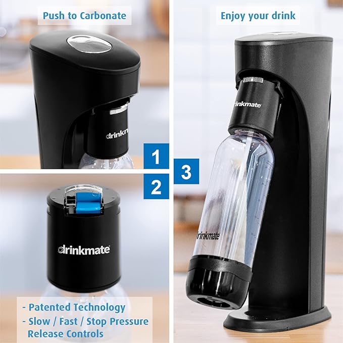 Drinkmate OmniFizz Sparkling Water Maker & Soda Streaming Machine | Carbonates Any Drink | VALUE KIT | Includes Two 60L CO2 Cartridges + One BPA-Free Bottle (Matte Black)