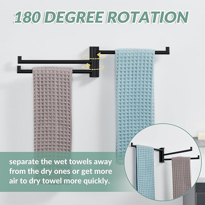 APLusee Swivel Towel Rack for Bathroom Wall Mounted, SUS 304 Stainless Steel Swivel Door Towel Bar with Multi 3 Rotating Arms, Matte Black