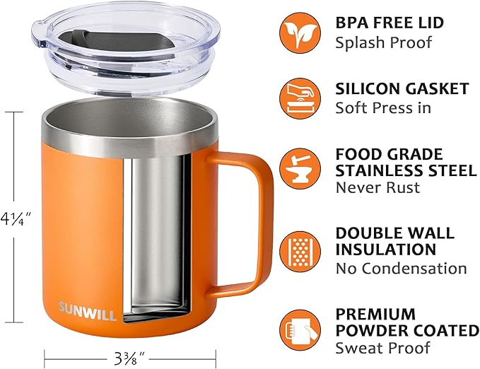 SUNWILL Insulated Coffee Mug with Lid, Travel Tumbler with Handle, 14 oz Stainless Steel Cup for Camping, Office, Home, Powder Coated Orange