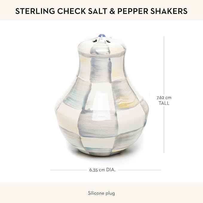 MACKENZIE-CHILDS Enamel Salt and Pepper Shakers, Farmhouse Kitchen Decor and Accessories, Small, Gray-and-White Sterling Check