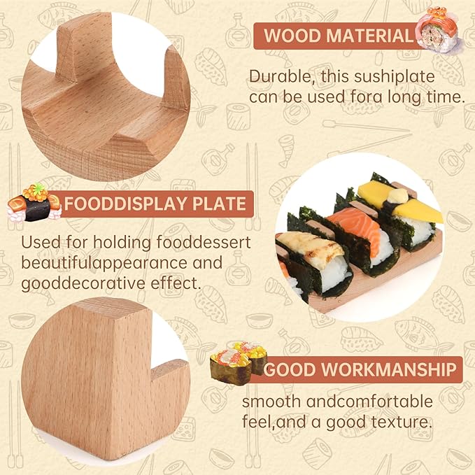 Wooden Taco Holder Stand for Sushi Hand Roll, Temaki & Sushi Roll – 1/2/3/5 Slot Sushi Display Tray, Natural Wood Serving Platter (2 pcs per Pack) (5 Slot (2 pcs))