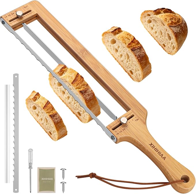 Adjustable Bread Knife for Homemade Bread Sourdough, 304 Stainless Steel Bread Slicer with Precision Slicing Guide, Bamboo Handle Bow Bread Knife with Extra Blade, Manual Bread Cutter Gift for Bakers