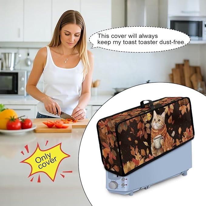 Thanksgiving Toaster Cover 2 Slice Water-Resistant Folding 2 Slice Slim Toaster Cover, Cat Maple Leaf Print Dustproof Protective Covers for Small Appliance