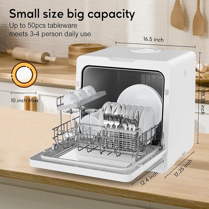 Portable Dishwashers for Camping and Home with 5l Water Tank, Hose, LED Light, 10 Wash Programs, Baby Care Mode, Dual Water Supply and 1h Hot Air Drying