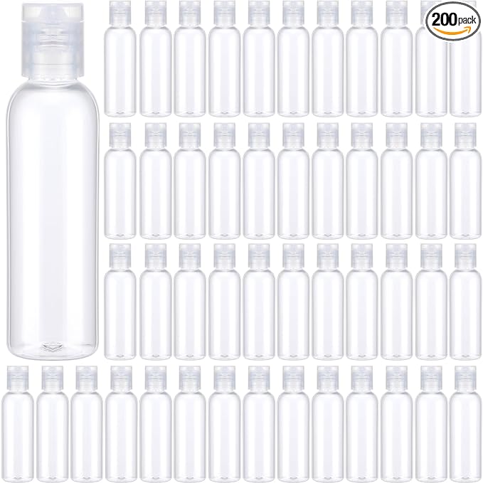 Zhehao 200 Pcs 2 oz Clear Plastic Empty Bottles Small Travel Size Bottles with Flip Cap Empty Transparent Dispenser Container for Liquids Toiletries Shampoo Lotion(Colorless Cap)