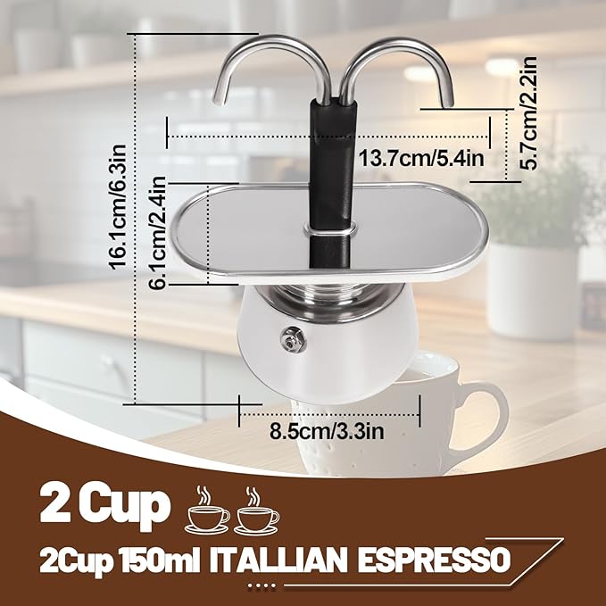 2 Cup Dual Pipe Moka Pot Stainless Steel Stovetop Espresso Maker Cafeteras Italian Percolator Espress Makers Capable Greca Mocha Coffee Machine for Induction Home 150ml 5.1oz