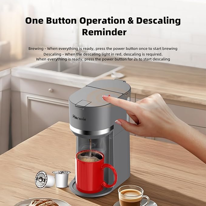 Horavie Mini Single Serve Coffee Maker for K Cup Pods and Ground Coffee, Fast Brew One Cup Coffee Machine with Descaling Reminder and Water Window, 6 to 12 oz. Brew Sizes, Gray