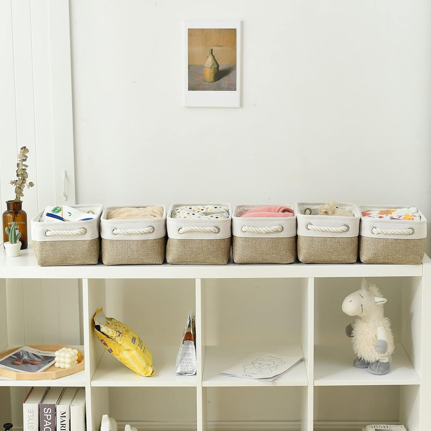 TcaFmac Storage Bins for Shelves - Small 6 Pack Collapsible Storage Basket for Organizing, Fabric Storage Cubes with Handle for Closet Cloth Toy Gift Kids (White & Khaki 11.8x7.8x5.2 inch)