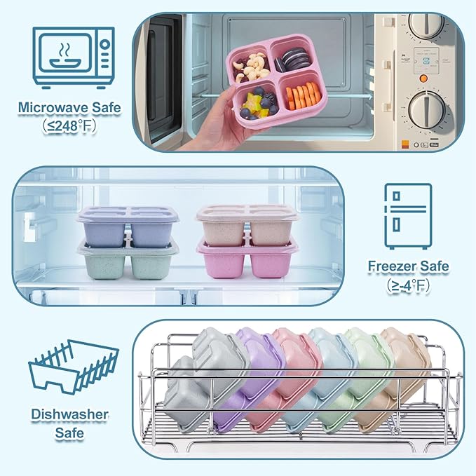LCHLZZ 4 Pack Snack Box Containers, 4 Compartment Reusable Snack Containers with Lids, Microwave Dishwasher Safe, Divided Food Storage Lunchable Container for Work Travel (Green)