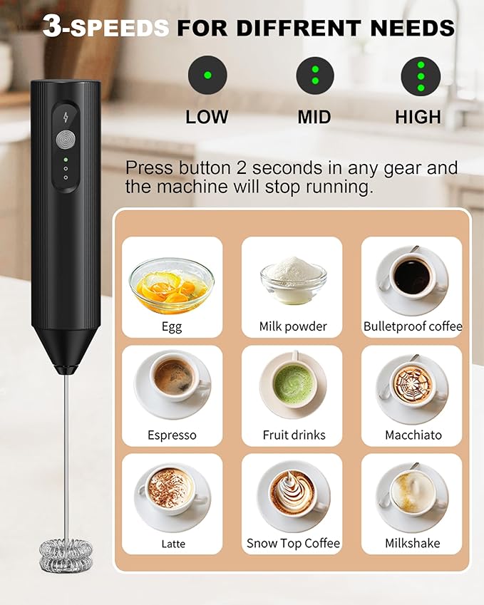 3-Speed Rechargeable Milk Frother with Cover, Dual Coil Whisk Coffee Frother Handheld - Portable Hand Frother Wand for Coffee Matcha Cappuccino & Hot Chocolate, Kitchen Gift, Black