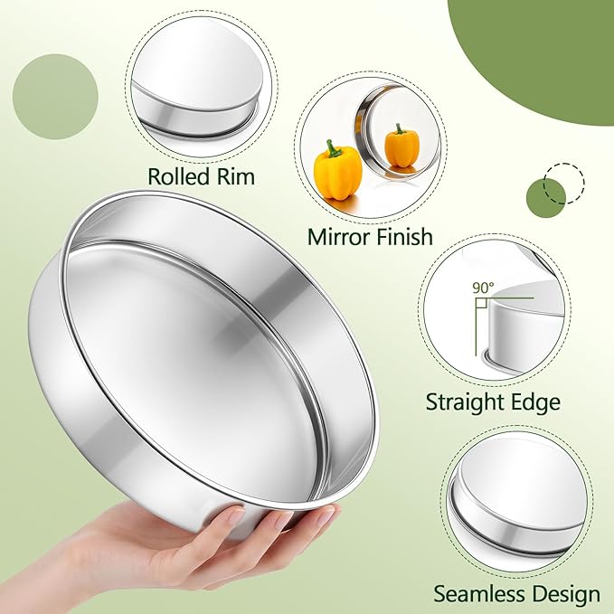 P&P CHEF 9 Inch Cake Pan Set of 2, 2 Pieces Round Layer Cake Baking Pans, Stainless Steel Smash Cake Tin Bakeware for Cooking Steaming, Nontoxic & Sturdy, Oven & Dishwasher Safe