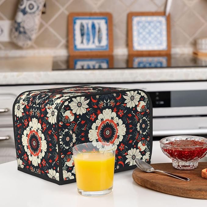 Antique Floral Tile Toaster Cover 2 Slice, Cute Rural Bread Machine Cover, Washable Dust-Proof Cover for Kitchen Small Appliance Cover,with Top Handle