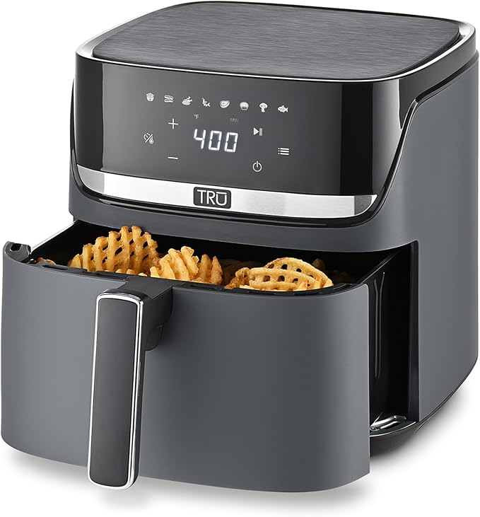 TRU 6-Quart Digital Air Fryer by Select Brands - Family Size, One-Touch Control, 8 Presets - Air Fry Chicken, Meat, Veggies, Fries - Nonstick Pot and Crisping Tray, Auto Shut Off, Matte Gray