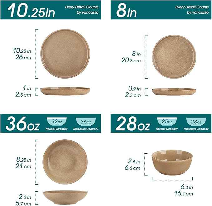 vancasso ANYA 24 Pieces Plates and Bowls Set, Caramel Dinnerware Sets, Reactive Glaze Dishes Set for 6, Ceramic Dishware Sets Kitchen Dinner Set, Microwave & Dishwasher Safe