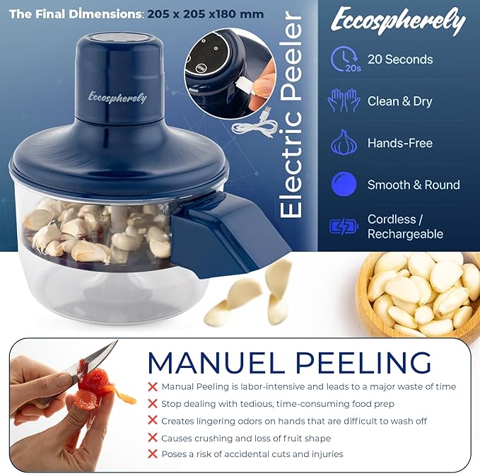 Automatic Electric Peeler, 1300mAh Cordless Rechargeable Fruit & Vegetable Peeling Machine,Easy-Clean Multi-Function Tool for Garlic, Cherry Tomato & Plum