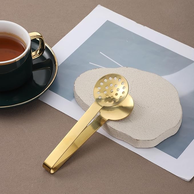 Tea Bag Squeezer, Stainless Steel Tea Tongs, Teabag Filter, Dispenser Accessories for Teas Drinkers, Durable Round Strainer Gripper Picker (Gold)