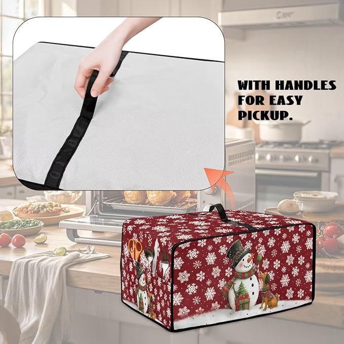 Toaster Oven Dust Cover with Storage Pockets, Protective Decorative Smart Oven Cover for for Kitchen Countertop, L, Snowman Dachshund Dog Snowflake Red Christmas Decor