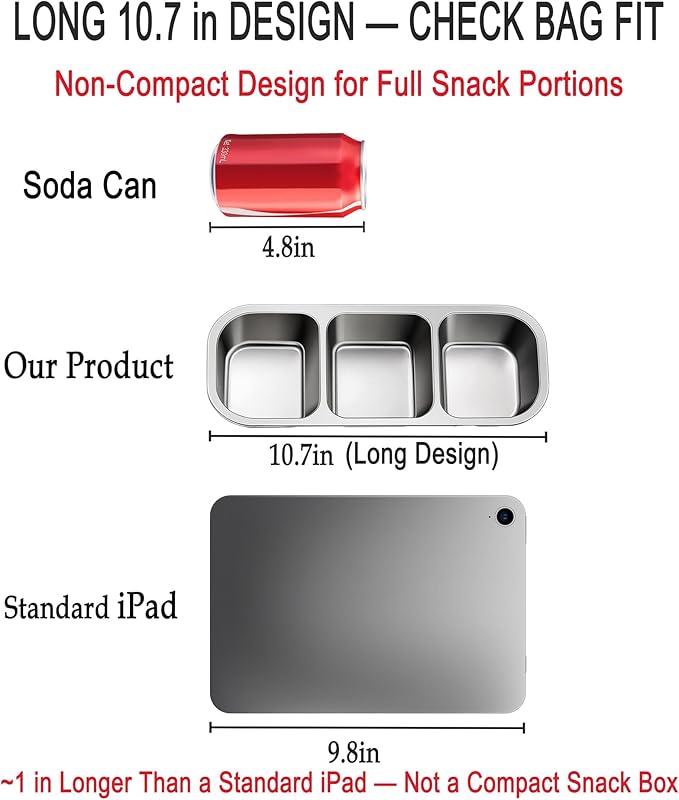 KTKUDY 3 Pack Stainless Steel Snack Containers for Kids & Adults - Large - Leak-Proof 2-Compartment Stackable Snack Lunch Boxes for Daycare, School, Work & Travel