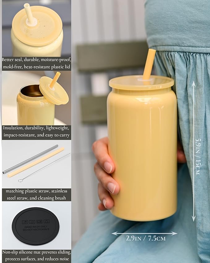 Glass Cups with Lids and Straws, 16oz Stainless Steels Cups, Beer Cups, Iced Coffee Cup, Smoothie Cup, Sublimation Tumbler, Black (Smooth Polished Finish, Sublimatable)
