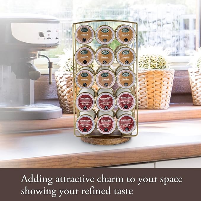 MyGift Modern Brass Tone Plated Metal and Brown Mango Wood Coffee Pod Holder Stand - Tabletop Café Bar Coffee Capsule Storage Rack - Handcrafted in India