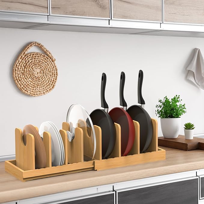 Expandable Pot Lid Organizer, Bamboo Pot and Pan Organizer for Under Cabinet, 16" to 28" Adjustable Length and 10 Dividers