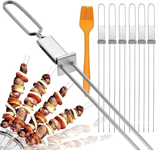 Metal Skewers for Kabobs - 17" 10 Pack Kabob Skewers with Push Bar Double Pronged Anti-Roll Flat BBQ Skewer for Grilling Stainless Steel Reusable Kebab Skewer for Meat Shrimp Chicken Veggie