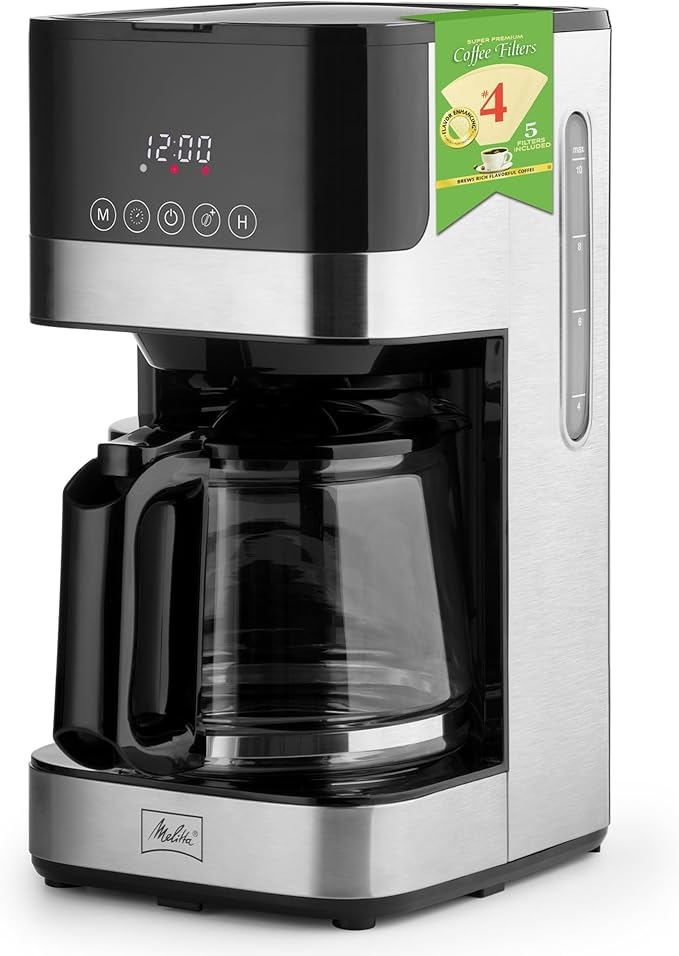Melitta Aroma Tocco Glass 10-Cup Drip Coffee Maker, Automatic and Programmable, 96oz Capacity with 5-Pack Coffee Filters | Black