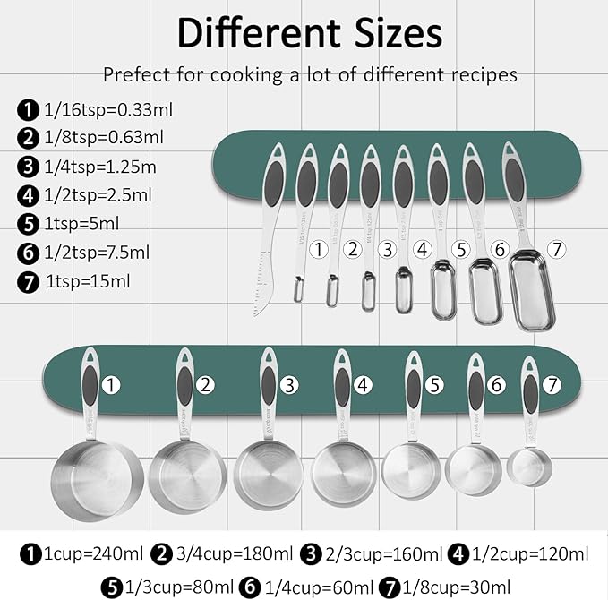 Magnetic Measuring Cups and Spoons Set, 15 Piece Stainless Steel Measuring Cups and Spoons for Measure Dry and Liquid Ingredients (Black)