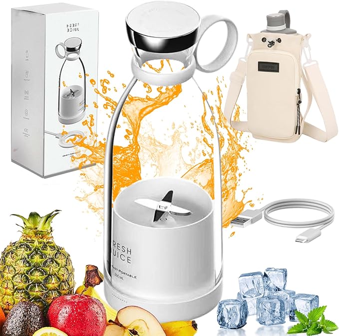 Upgraded Fresh Juice Blender Bottle Portable, Juicer Portable Blender Shake, 380ML USB/Magnetic Charging for Shakes and Smoothies, with Travel Cup and Lid (White,USB charging)