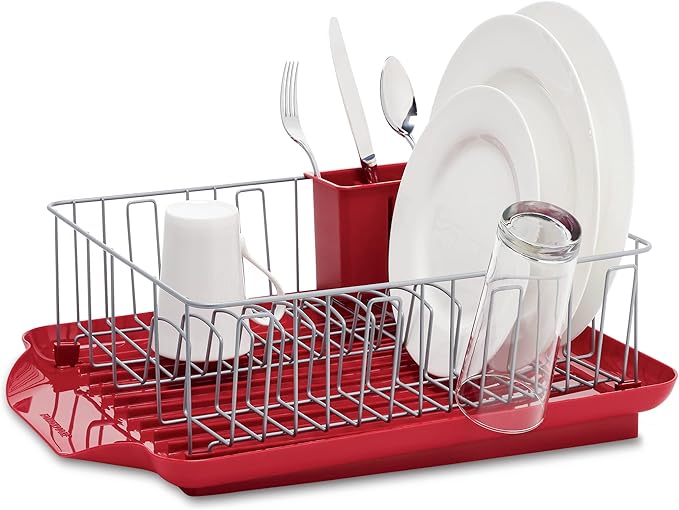 Farberware Classic Large Rust Resistant Full Dishrack with Removable 3 Compartment Flatware Caddy, Andlged Drain Board, 3-Piece, Red