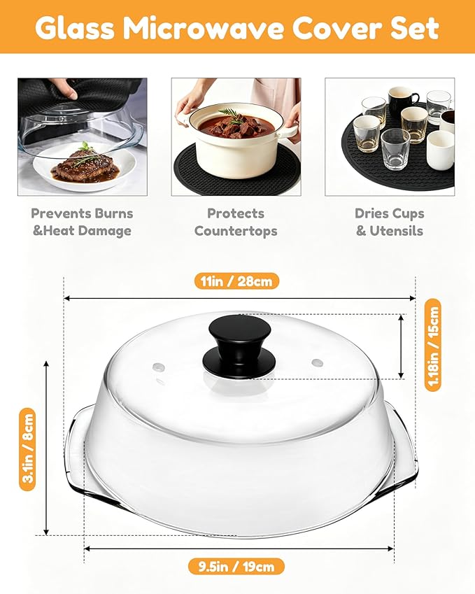 Tall Glass Microwave Splatter Cover for Food & Microwave Place Mat,2 in 1,Sturdy clear 100% food safe BPA free glass lid with easy grip silicone handle，Dishwasher safe for easy cleaning
