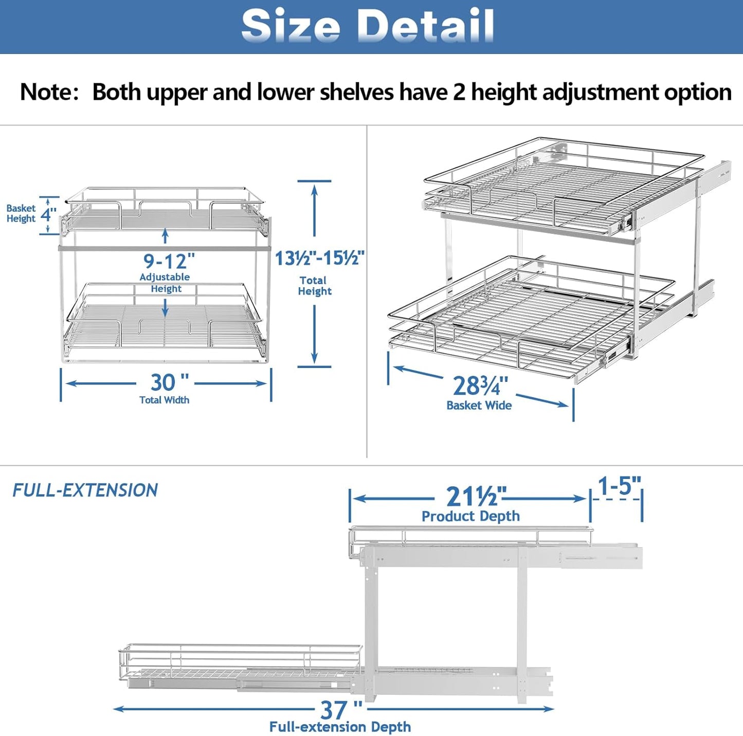 ROOMTEC Individual Pull Out Cabinet Organizer (30" W x 21½" D), 2 Tier Spice Rack Organizer for Cabinet, Slide Out Drawer Pantry Shelf Organization and Storage for Kitchen Bathroom