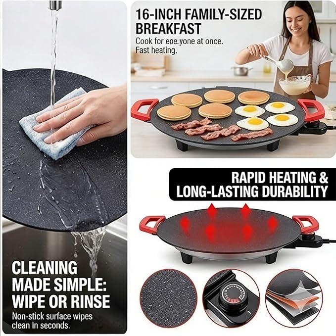 Non-Stick Electric Indoor Grill Pan, Smokeless Electric Griddle with Temperature Control, Round Baking Pan for BBQ, Steaks, Pancakes & Comal Electrico para Tortillas (28cm/11in)