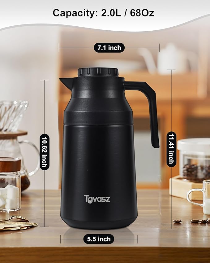 2 PCS Thermal Coffee Carafe Insulated Stainless Steel Coffee Carafe for Hot Liquid Vacuum Thermal Pot Creamer Pitcher Dispenser with Brushes Keeping Hot Water Milk(Black/Silver 68 oz)
