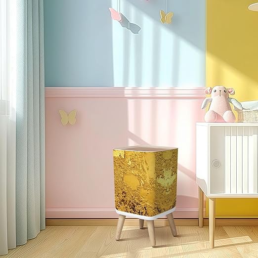 Small Trash Can with Lid Gold texture for cover cards flyers poster Bronze old paint Golden Wastebasket with Press Cover Dog Proof Garbage Can Waste Bin for Kitchen Bathroom Nursery 2.6 Gallon