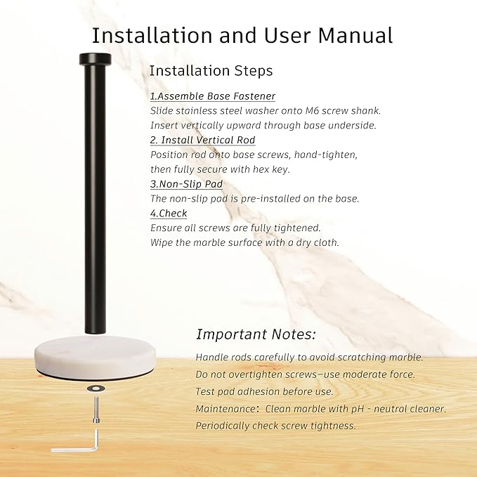 Kitchen Paper Towel Holder Countertop, Black Stainless Steel Rod, White Weighted Natural Marble Base, Heavy Duty Standing Paper Towel Roll Holders Easy One Hand Tear
