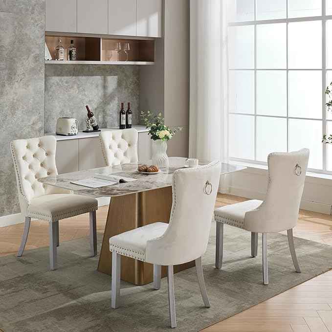 Velvet Dining Chairs Set of 6, Kitchen & Dining Room Chairs, Upholstered Dining Chairs with Back Ring Pull and Silver Solid Wood Legs, Modern Tufted Kitchen Chairs for Dining Room, Cream