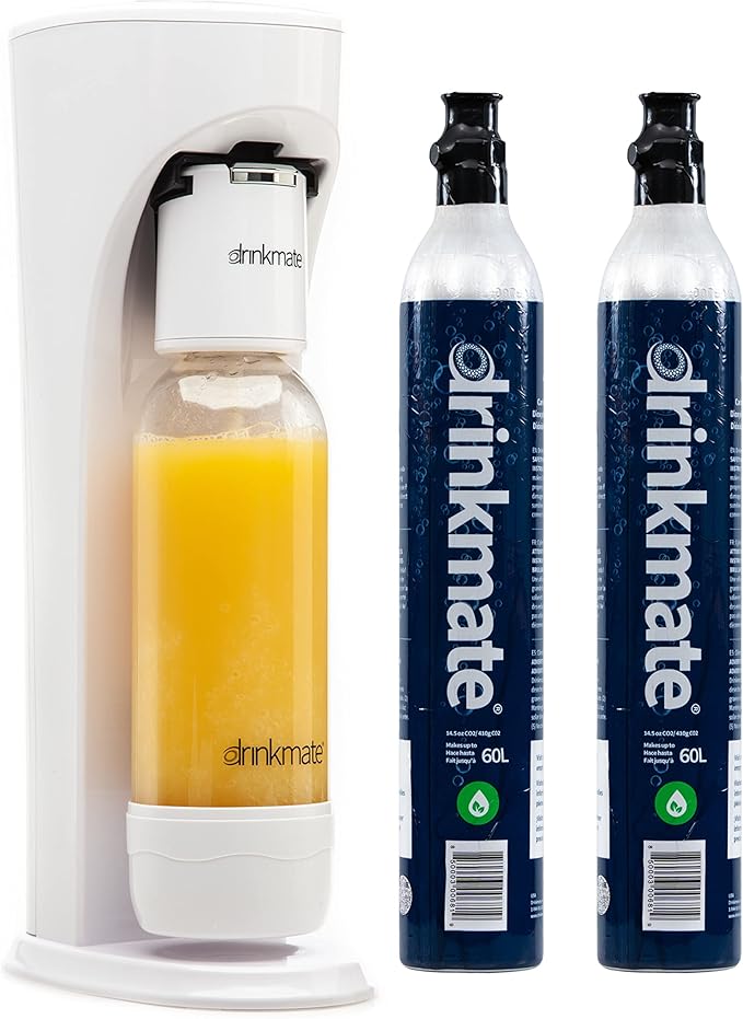Drinkmate OmniFizz Sparkling Water Maker & Soda Streaming Machine | Carbonates Any Drink | VALUE KIT | Includes Two 60L CO2 Cartridges + One BPA-Free Bottle (Classic White)